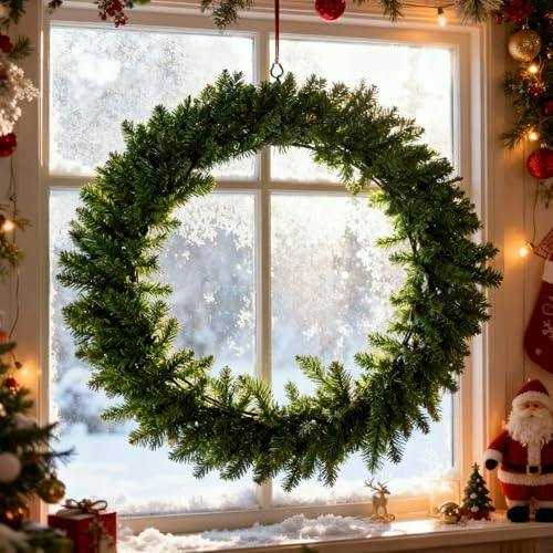 70cm Large Artificial Christmas Wreath for Front Door, Bushy Green Pine Style Decoration image 6