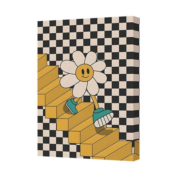 Benjamin Tate Design Contemporary Canvas Wall Art Daisy On Yellow Staircase Checkered Background