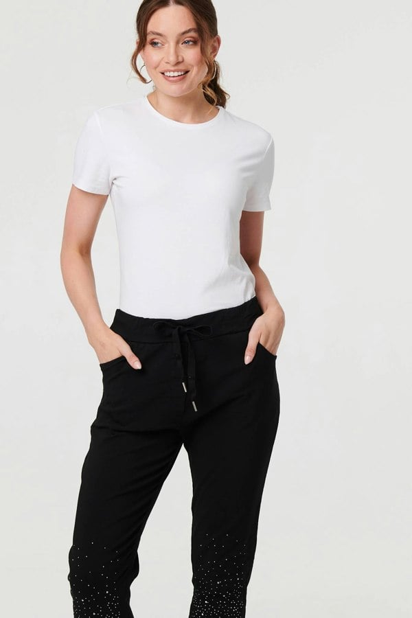 Black | Diamante Detail Slim Cropped Trousers
