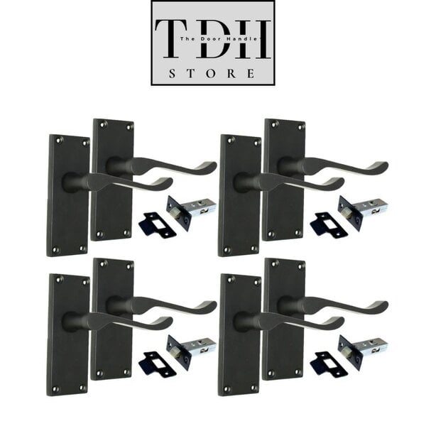 EDH Door Hardware Matt Black Victorian Scroll Door Handles on Backplate – 118mm x 42mm 4 Pairs + Tubular Latches