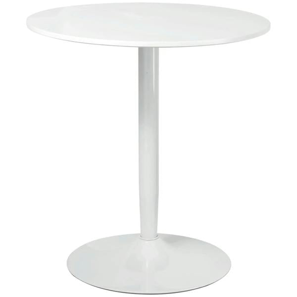White round pedestal dining table with smooth tabletop and single central base