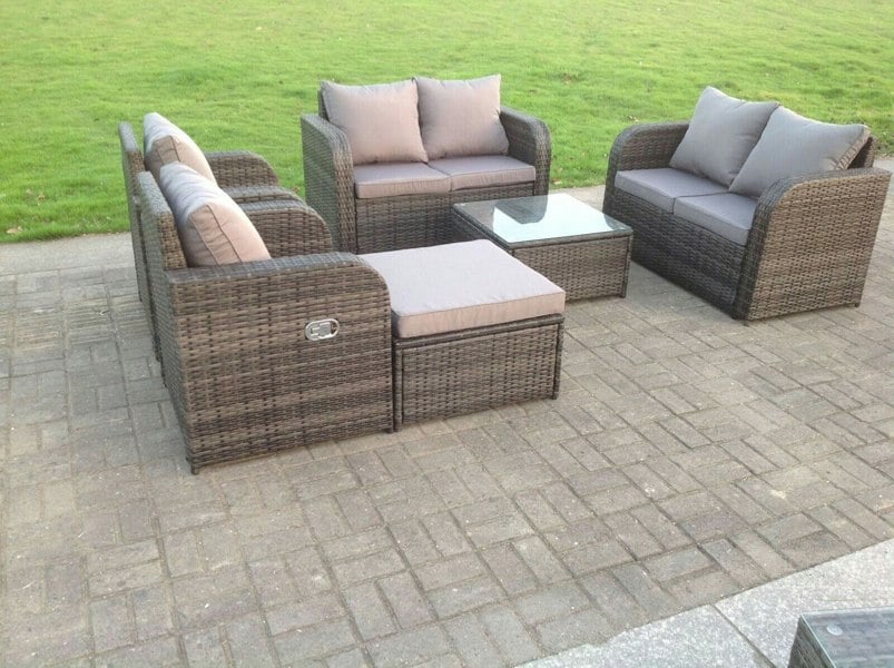 Fimous Dark Grey Mix PE Wicker Rattan Garden Furniture Set Sofa Set Reclining Adjustable Chair 7 Seater With Big Footstool