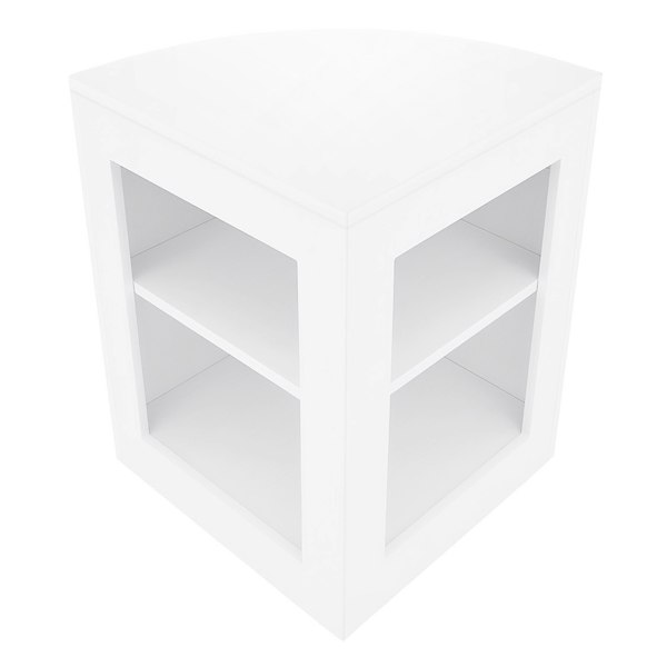 Sleek white LED shop counter set with a modern design, featuring a triangular shape and two open shelves for display storage
