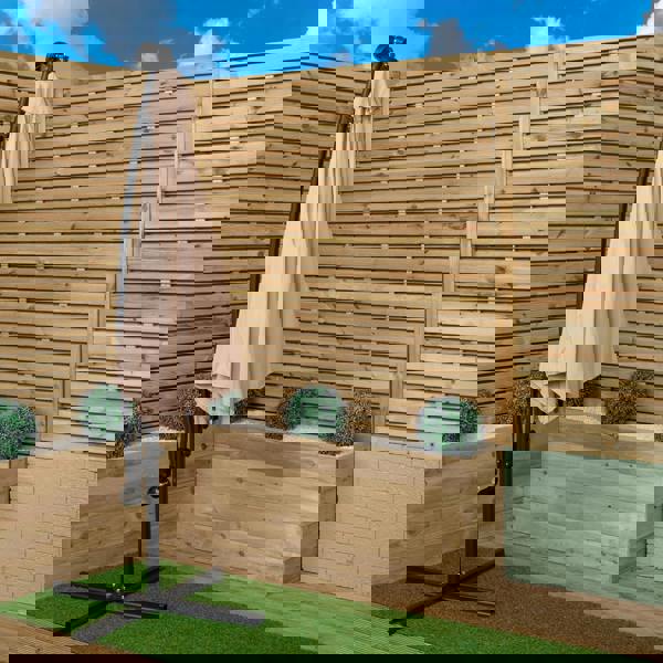 Samuel Alexander Outdoor 4 Person Round Glass Top Garden Dining Table Chairs With Beige Banana Lit Parasol and Base Set