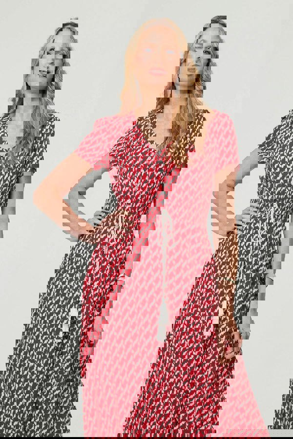 Red | Printed Smocked Tie Waist Maxi Dress
