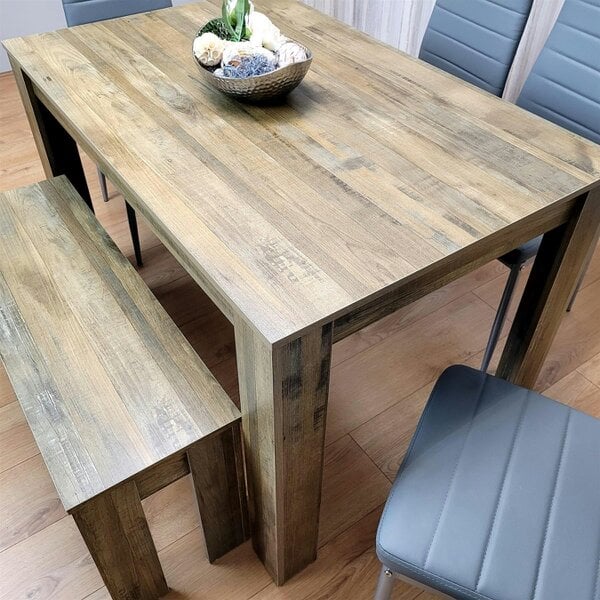 Kosy Koala Wooden Dining Table Set for 6 Rustic Effect Table With 4 Grey Leather Chairs and 1 Bench