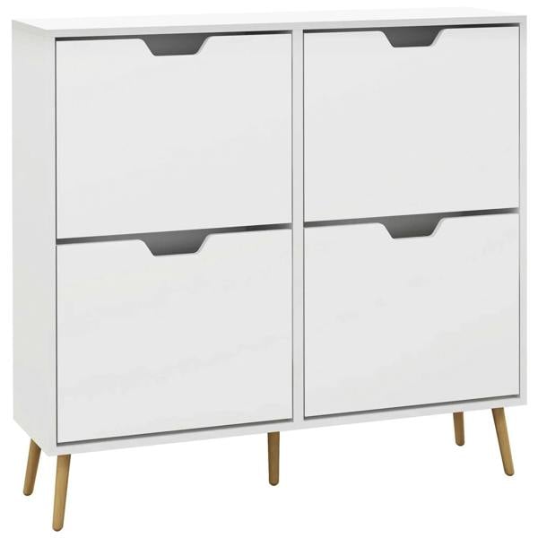 White shoe storage cabinet with four flip drawers and dark handle cutouts