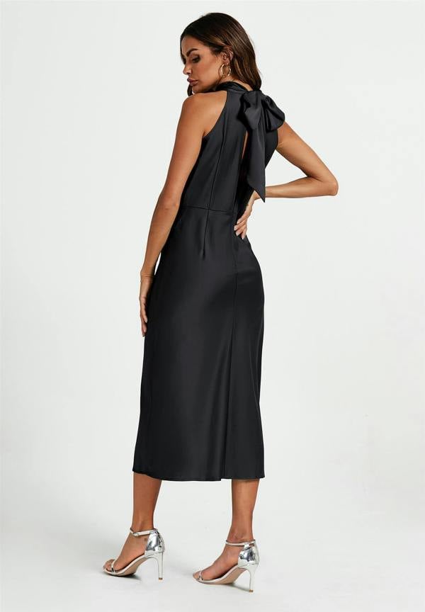FS Collection Satin Halter Neck Tie Back Midi Dress In Black