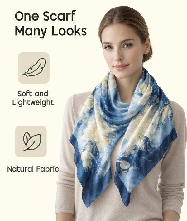 VIA MONTEN Women’s Faux Silk Scarf, Large Square Satin Scarf Wrap with Floral Print for Daily Styling