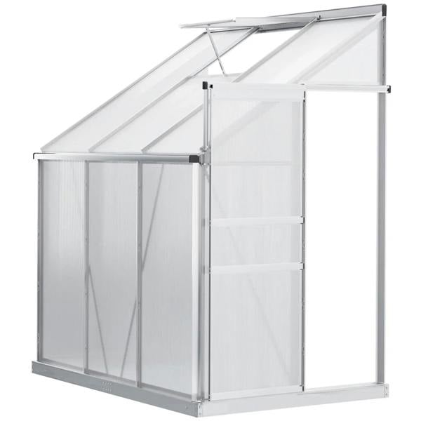 Lean-to polycarbonate greenhouse with clear panels, aluminum frame, and sliding door.