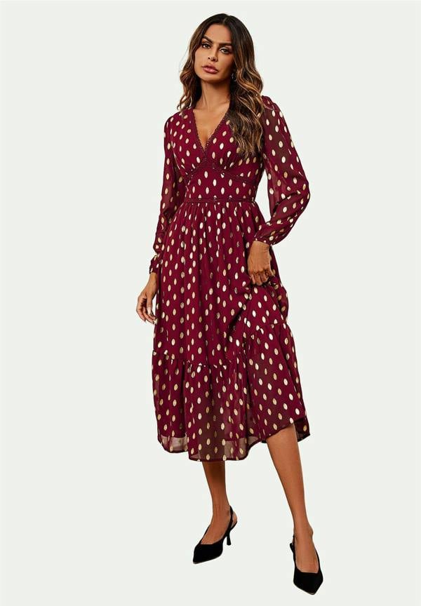 FS Collection Lace Trim Foil Long Sleeve Maxi Dress In Wine