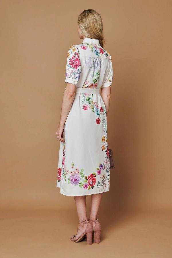 Beige | Floral 1/2 Sleeve Tie Waist Midi Dress