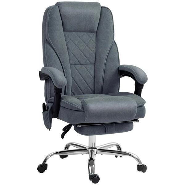 Dark grey reclining office chair with quilted back, padded armrests, caster base