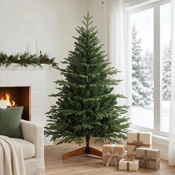 Bobobiy 150cm Artificial Christmas Tree Full Hinged Xmas Tree Solid Pine Wood Stand, Green