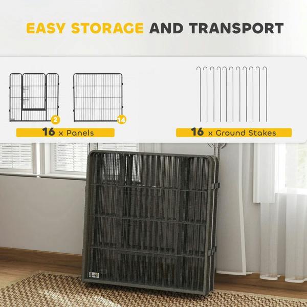 Folded grey dog playpen panels for compact storage and easy transport