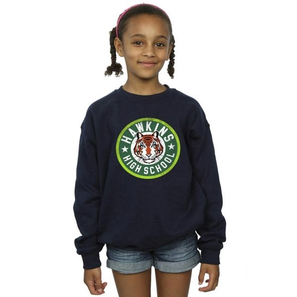 Netflix Girls Stranger Things Hawkins Tiger Circle Sweatshirt - Navy Blue