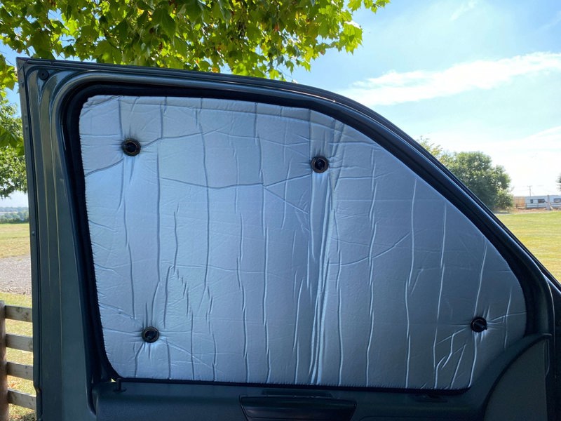 Internal Blackout Insulated Blind pictured on the left hand side window, Set for VW T5/T6 Campervans OLPRO