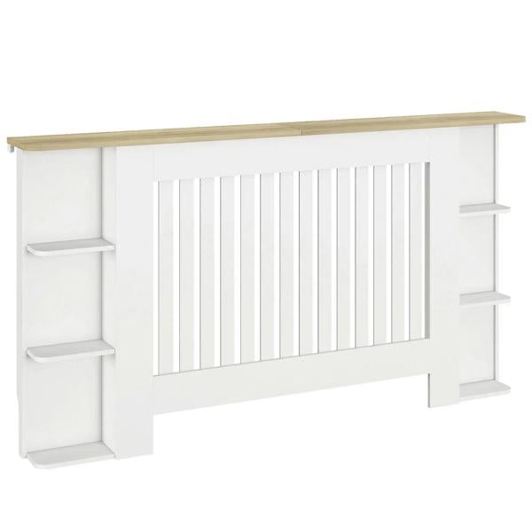 White radiator cover cabinet with open shelves and vertical slat front panel