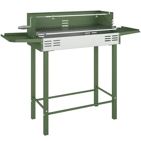 Bobobiy BBQ Rotisserie Grill Roaster Charcoal Spit Roasting Machine for Chicken Turkey with 3-Level Grill Grate, Side Shelves, Dark Green