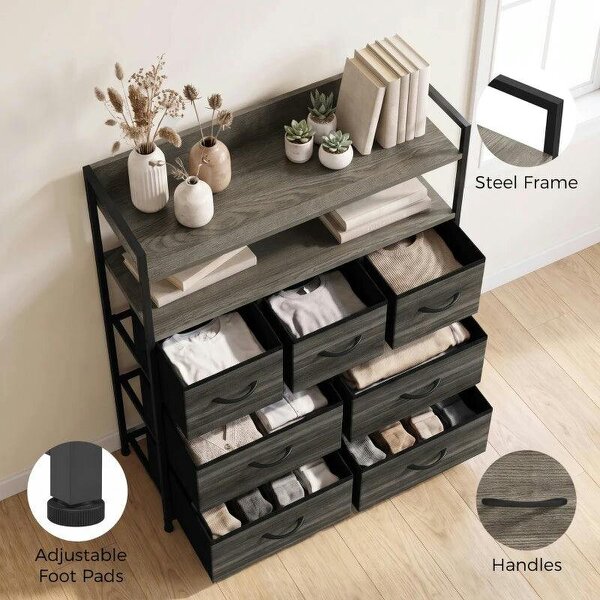 Chest of Drawers, Bedroom Fabric Dresser with 7 Drawers, Storage Organiser Unit with Open Shelves, Grey Wood-Effect