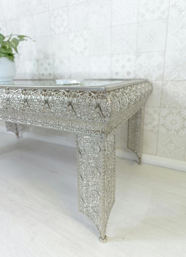 Downton Interiors Silver Embossed Metal Mirrored Glass Coffee Table - Agadir Range