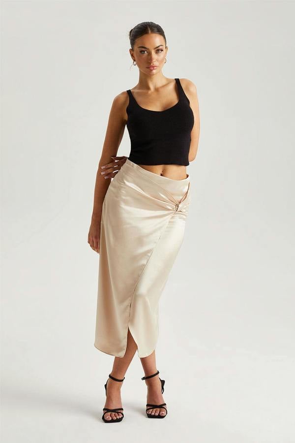 Urban Bliss Champagne Satin Side Knot Midi Skirt