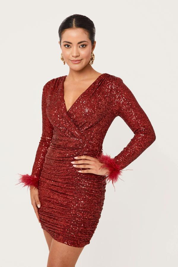 LuvForever Noor - Wine Long Sleeve Sequin Mini Dress