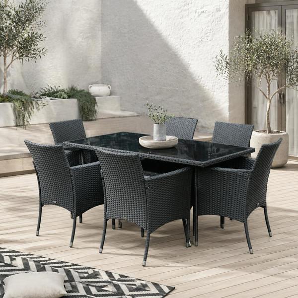 Wyld Haus Loreke Black Rattan 6 Seater Outdoor Dining Set With Armchairs And Glass Top Table