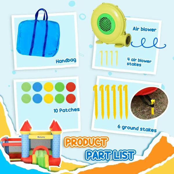 Inflatable bounce castle accessory kit with air blower, stakes, patches, and carry bag