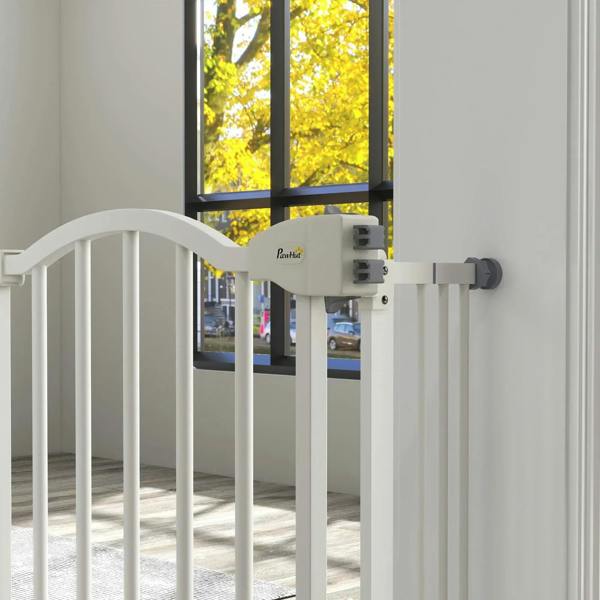 White metal pet gate with latch and wall-mount bracket detail