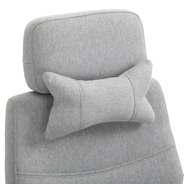 Light grey fabric office chair close-up with headrest and thick lumbar pillow