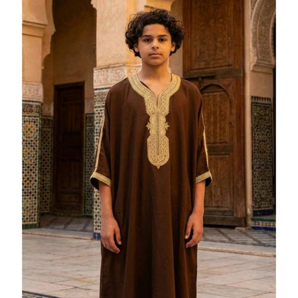 Boy's Moroccan Thobe Half Sleeve Gandoura Embroidery Kaftan - Brown Beige - Thobez - 2