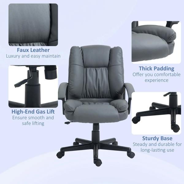 Dark grey office chair with faux leather upholstery, thick padding, and sturdy base