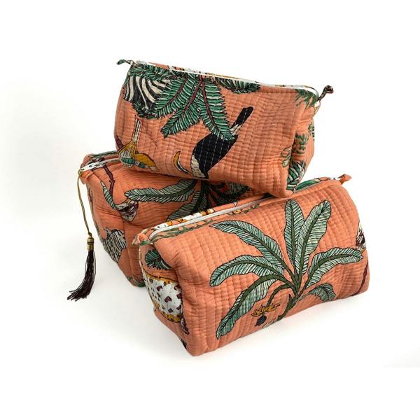 Hayley & Co Jungle Print Cotton Washbag, Make Up Bag, Pencil Case with Waterproof Lining - Jungle Animal Print in Peach