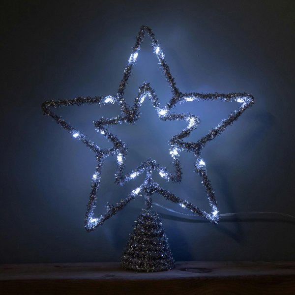 Samuel Alexander 28cm Battery Powered Silver Christmas Star Tree Topper with White Multi-Action LEDs