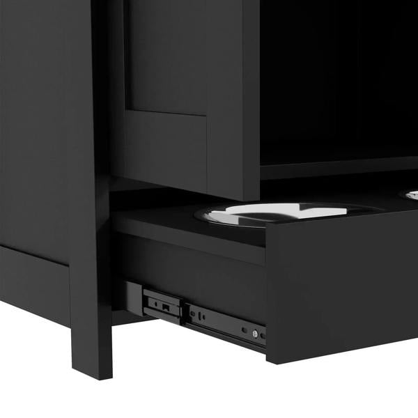 Black feeding station lower drawer with inset bowls compartment and slide-out front panel.