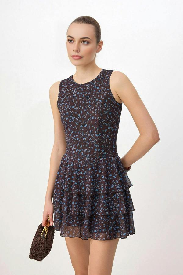 WOVCOR Floral Print Fitted Sleeveless Ruffle Tapered Leg Mesh Knit Jumpsuit