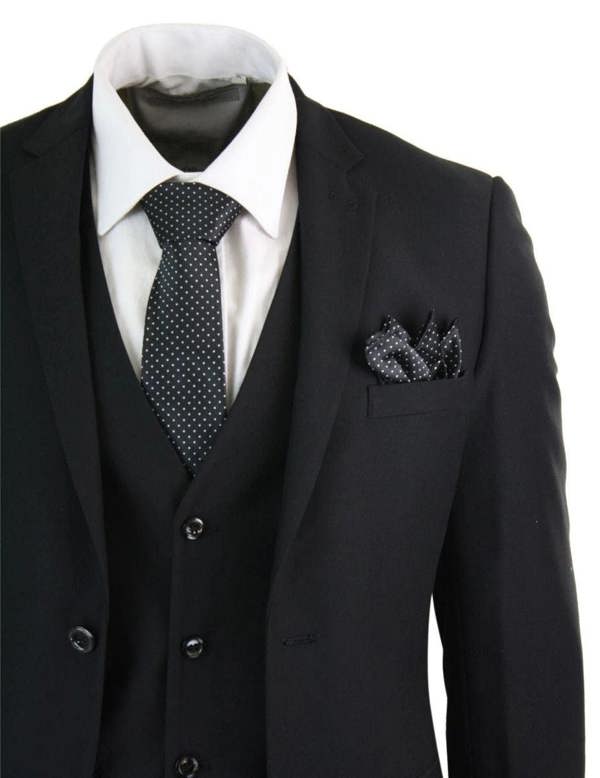 Paul Andrew Mens 3 Piece Plain Black Classic Retro Suit