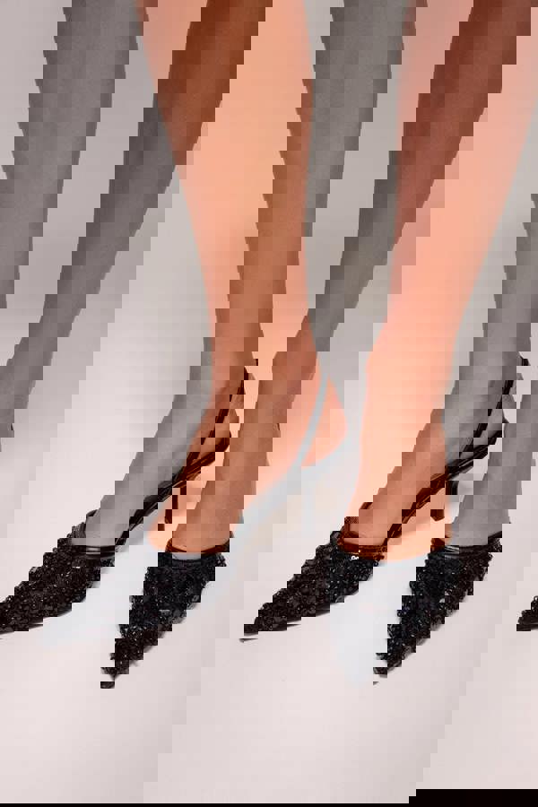 Beaded Sequin Low Heel Slingback Shoes - Black SH15