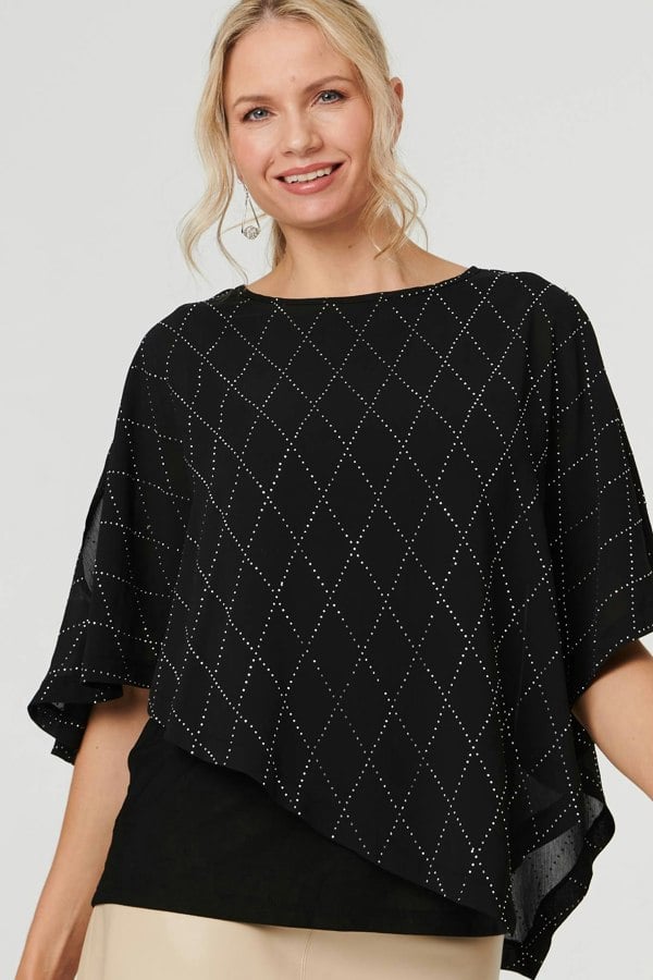 Black | Geo Print Cut-Out 1/2 Sleeve Blouse
