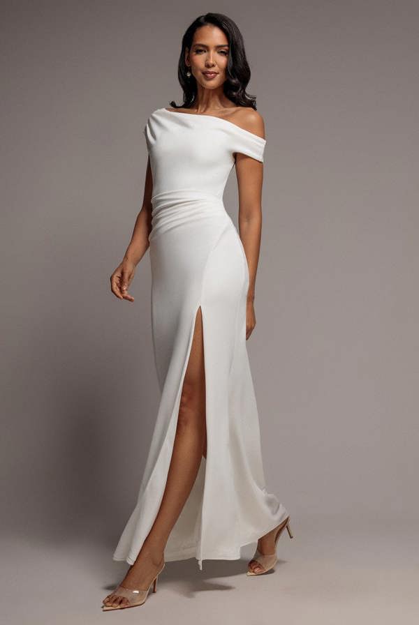 Asymmetric One Shoulder Front Split Scuba Crepe Maxi Dress - White DR5200