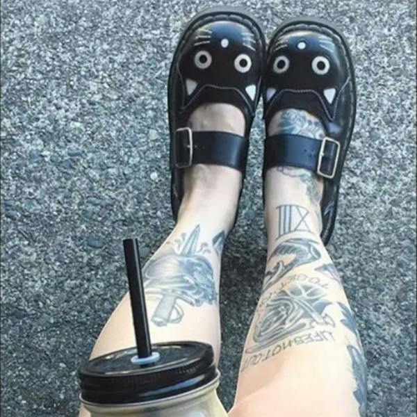 TUK Footwear TUK Womens Mary Jane Kitty Black Leather Platform Goth Shoes - T2025