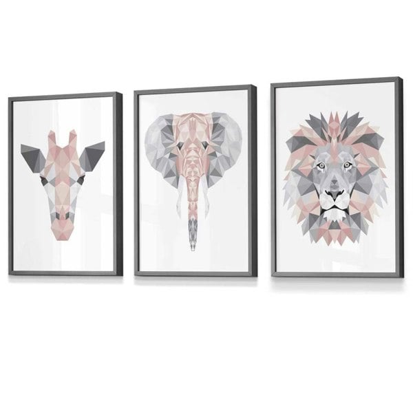 Framed Set of 3 Geometric Blush Pink and Grey JUNGLE HEADS Lion Elephant Giraffe | Artze Wall Art UK