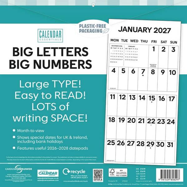 Essential, Big Letters, Big Numbers Calendar 2027, Wall Calendars, Month To View, Basics, Gift