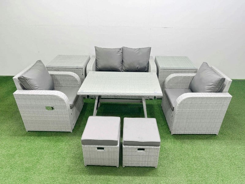 Fimous Light Grey PE Wicker Rattan Garden Furniture Set Sofa Set Reclining Chair Love Sofa Rectangular Dining Table 2 Small Stools 2 Side Tables