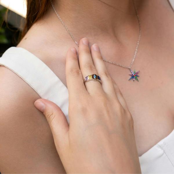 Spero London Sterling Silver Multicolor Baguette Ring