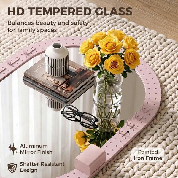 Oval Wall Mirror, 60 x 90 cm Decorative Hanging Mirror with Pegboard Frame, Wall-Mounted, Pink