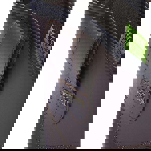 Apache APACHE AP305 Mens Pull On Safety Work Steel Toe S3 Rigger Boots, close-up of the waterproof leather upper with brown stitching and a label, showing the durability and design details of the work boots.