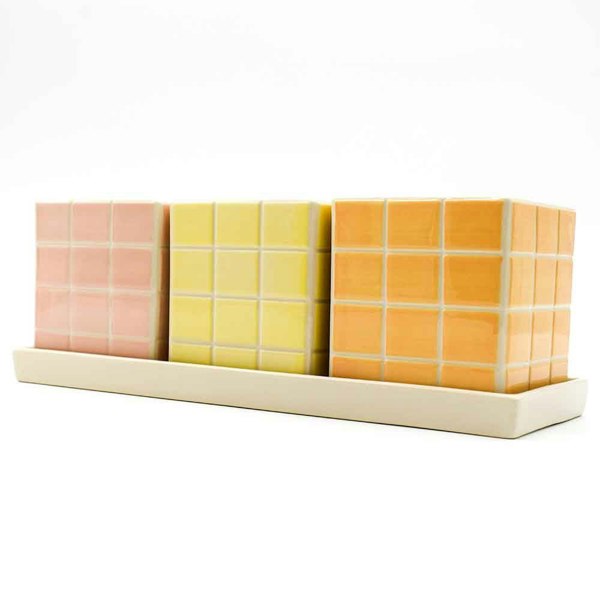 Upper Street Set of Three Warm Pastel Tile Design Ceramic Planters with Tray