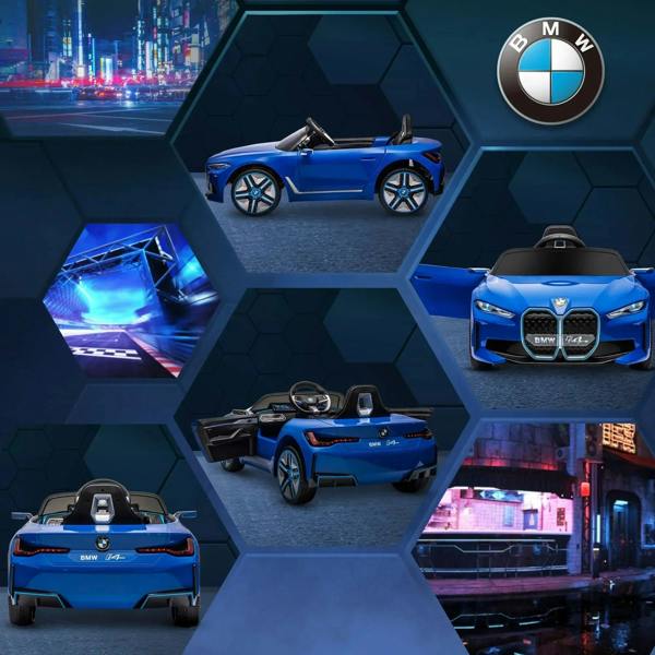 Blue kids electric ride-on car shown in multiple angles, exterior view set.